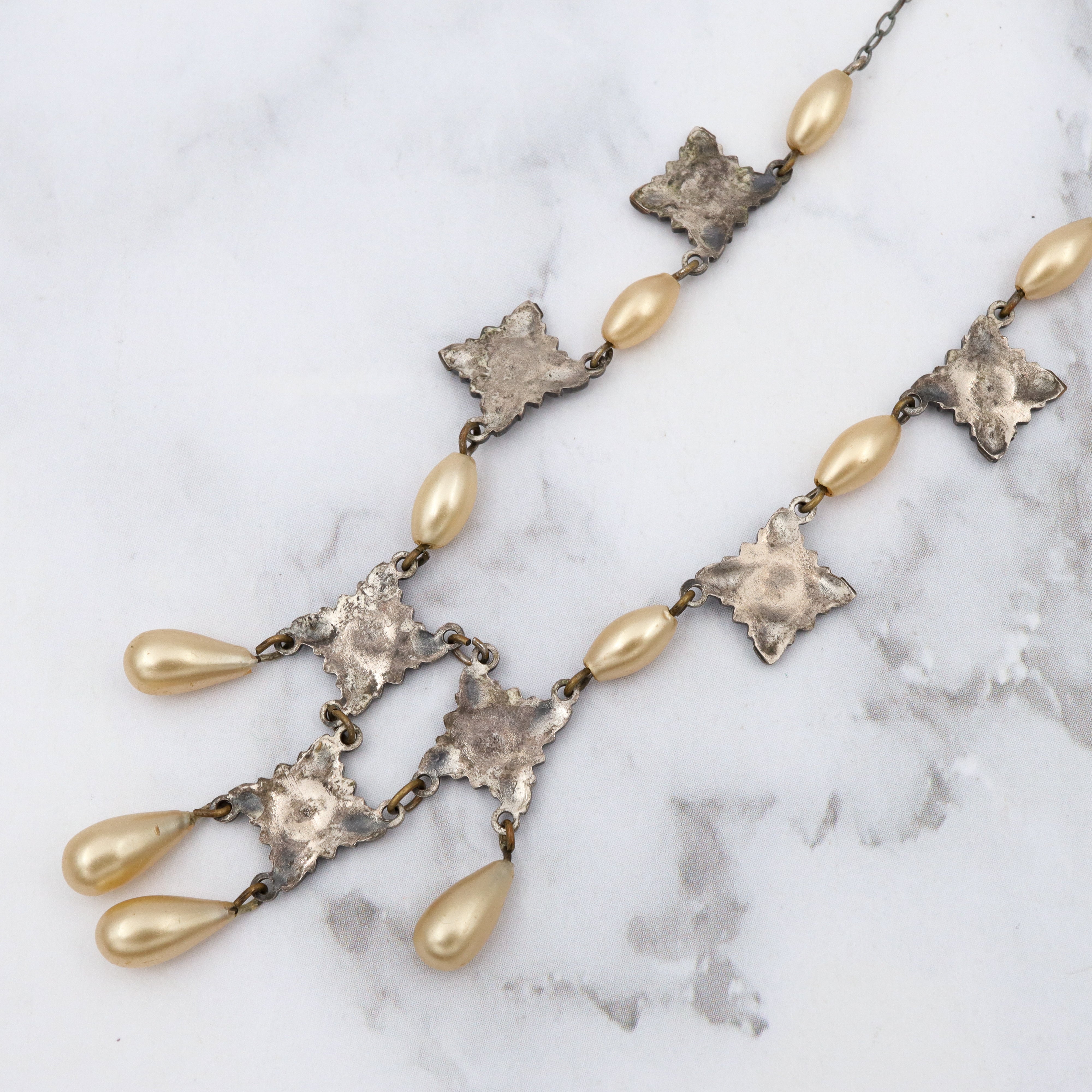 Antique Victorian silver plated brass geometric flower link & faux pearl drop necklace, 15"